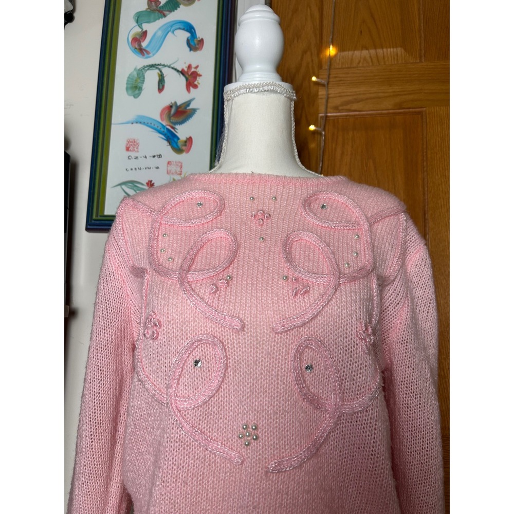 Vintage Charlotte Van Horne Pink Knit Sweater Pearl Beaded Cottagecore Coquette View 2